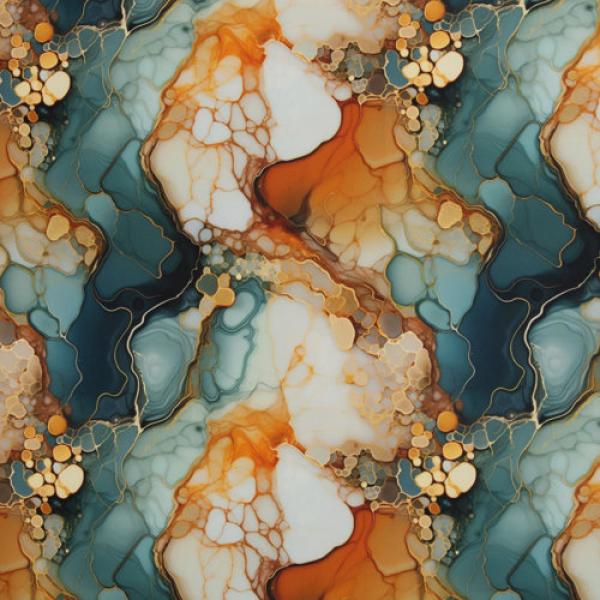 Outdoorstoff Flowing Bloom Marbels in petrol/orange Töne by Swafing von Sarah Mariam